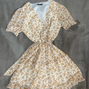 Medium White with Yellow Print Wrap Dress